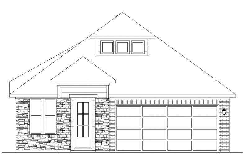 brick & stone exterior with windows & a garage