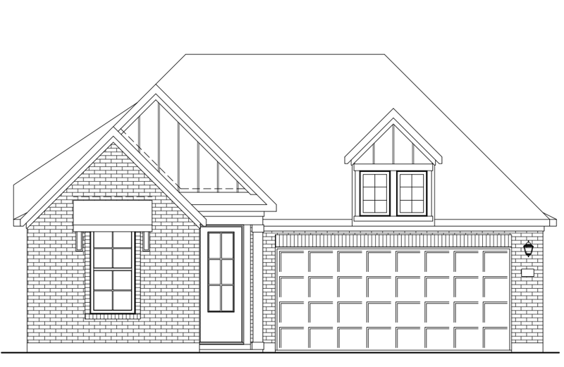 exterior with brick, windows & a two car garage