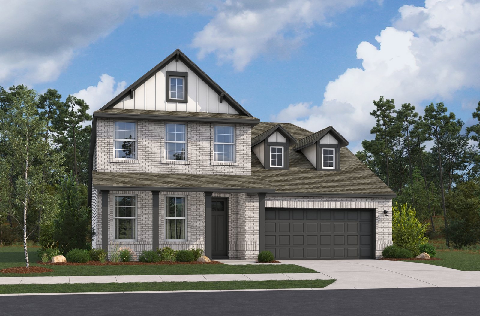 home with brick, windows and landscaping