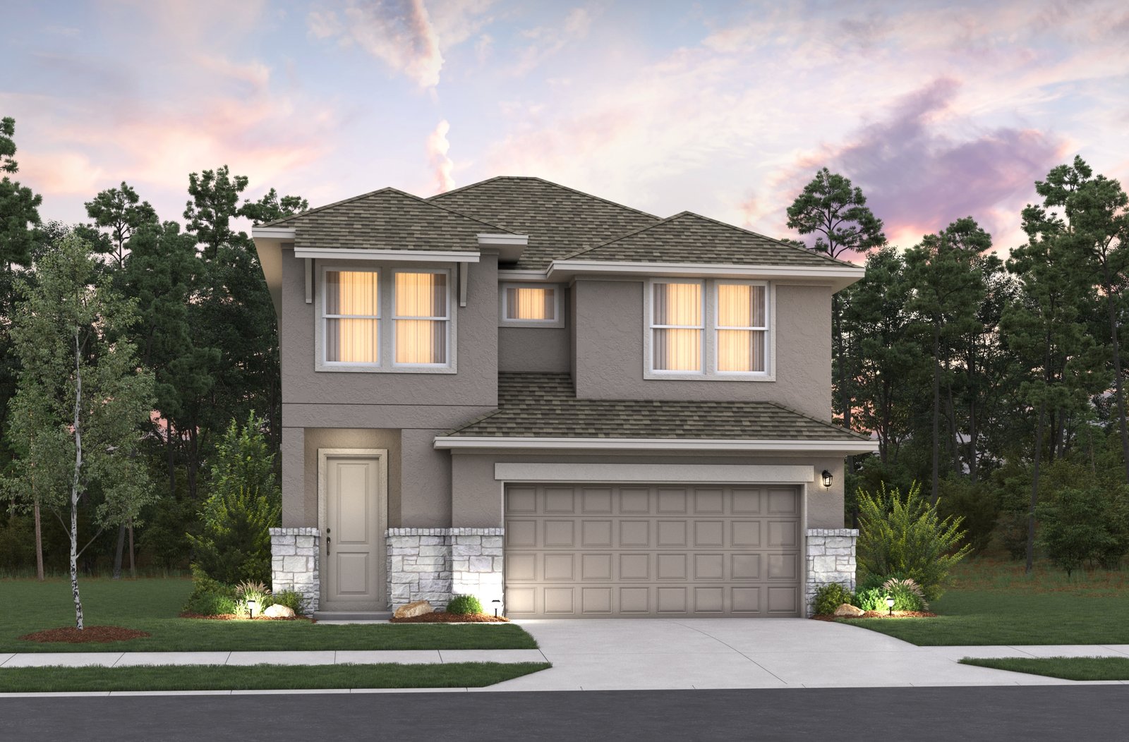 home with rock, windows, garage and landscaping