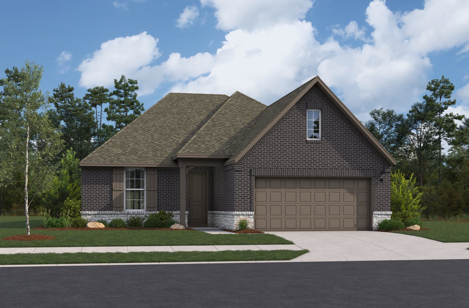 exterior with grass, trees & a 2-car garage