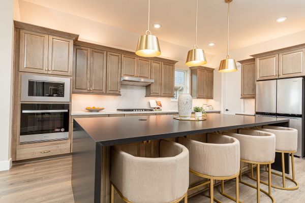 open kitchen with brown cabinets