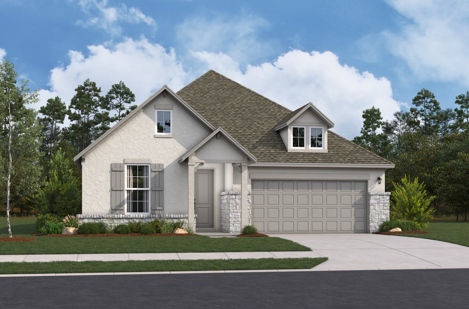 home with brick, windows, garage and landscaped grass