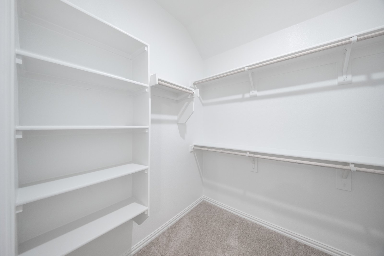 closet with shelves and hanging racks