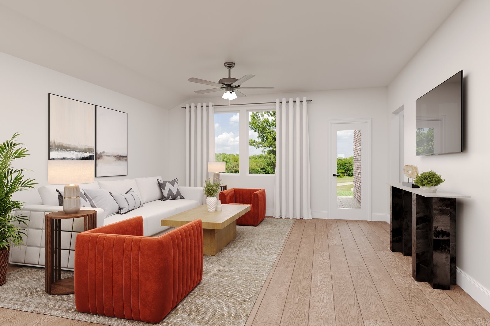 great room with couch and coffee table
