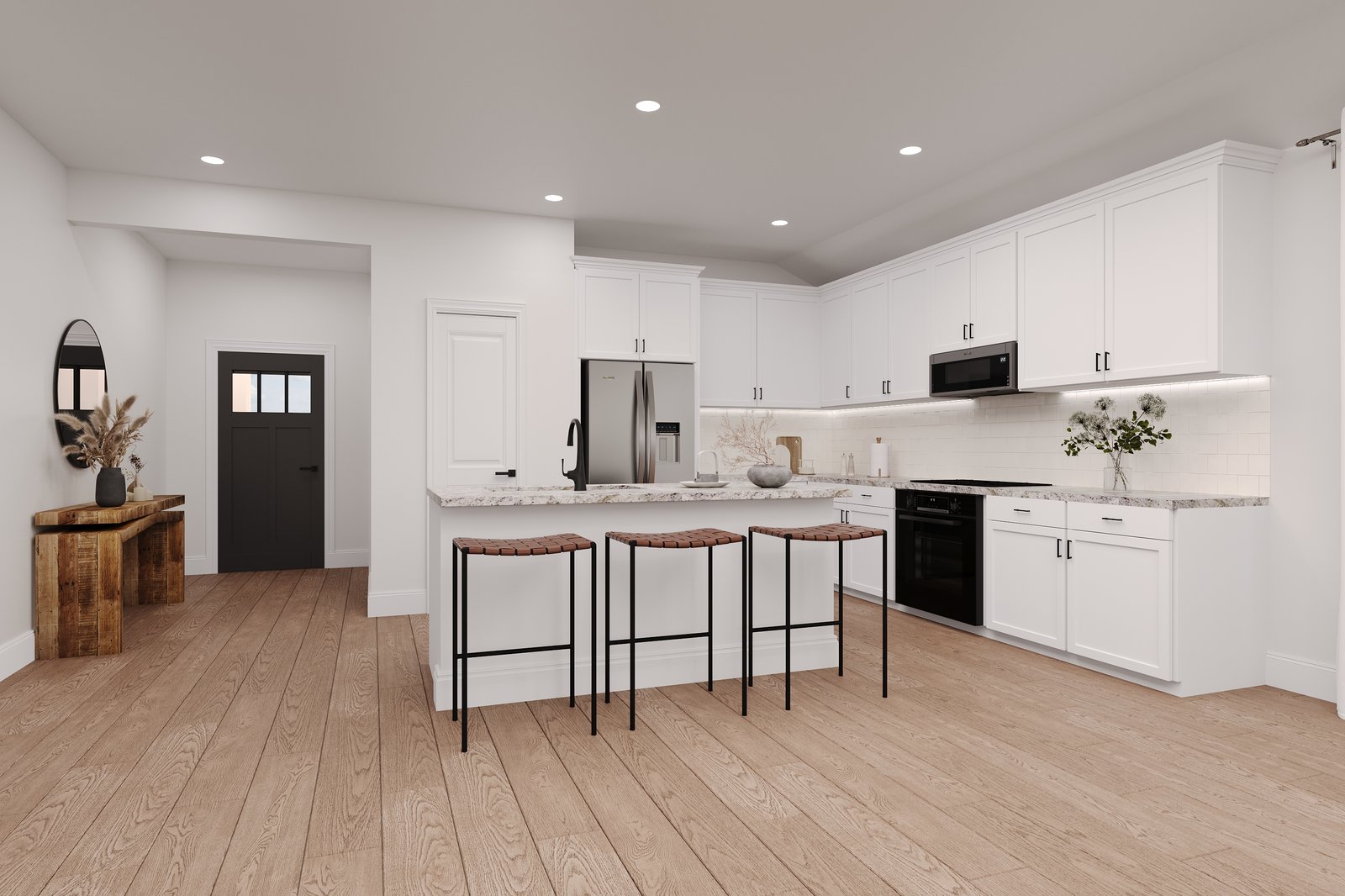 kitchen with large island and white cabinets