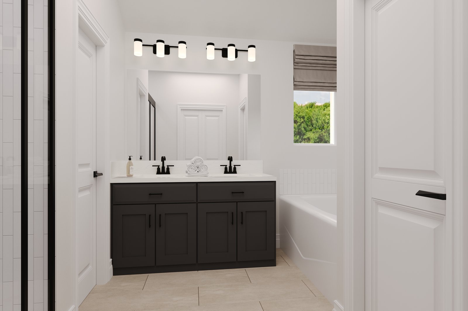 bathroom with dark cabinets and two sinks