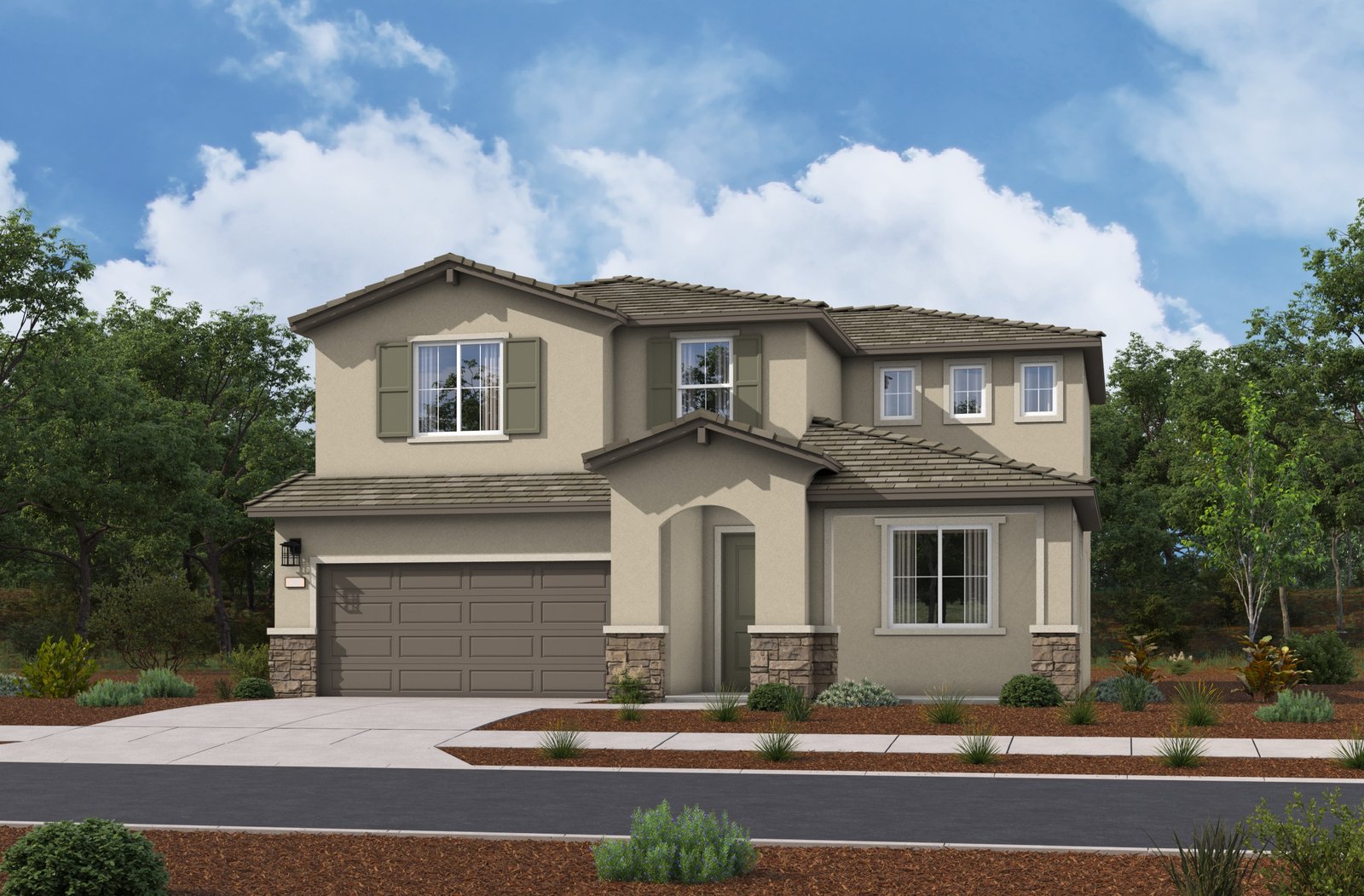 exterior of two-story home with neutral paint and desert landscaping