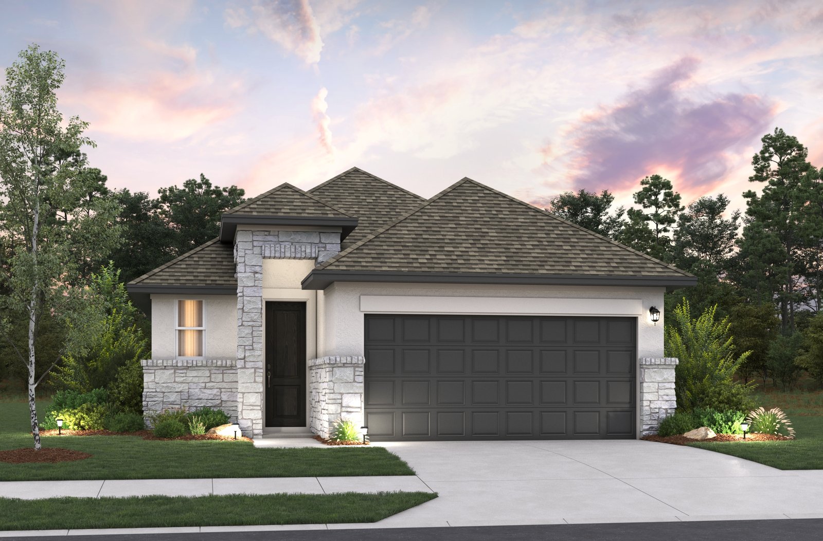 home with rock, window, garage and landscaping