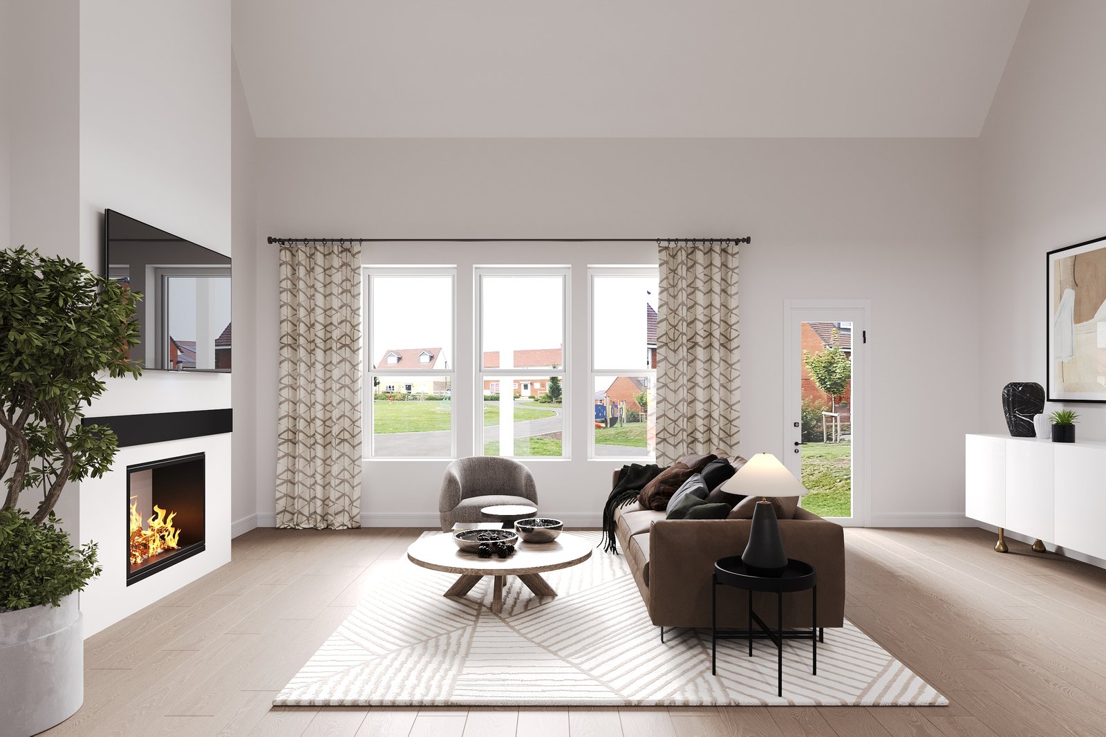 great room with large windows and wood flooring