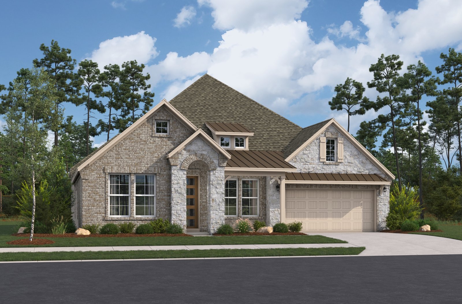 exterior with brick, stone & windows