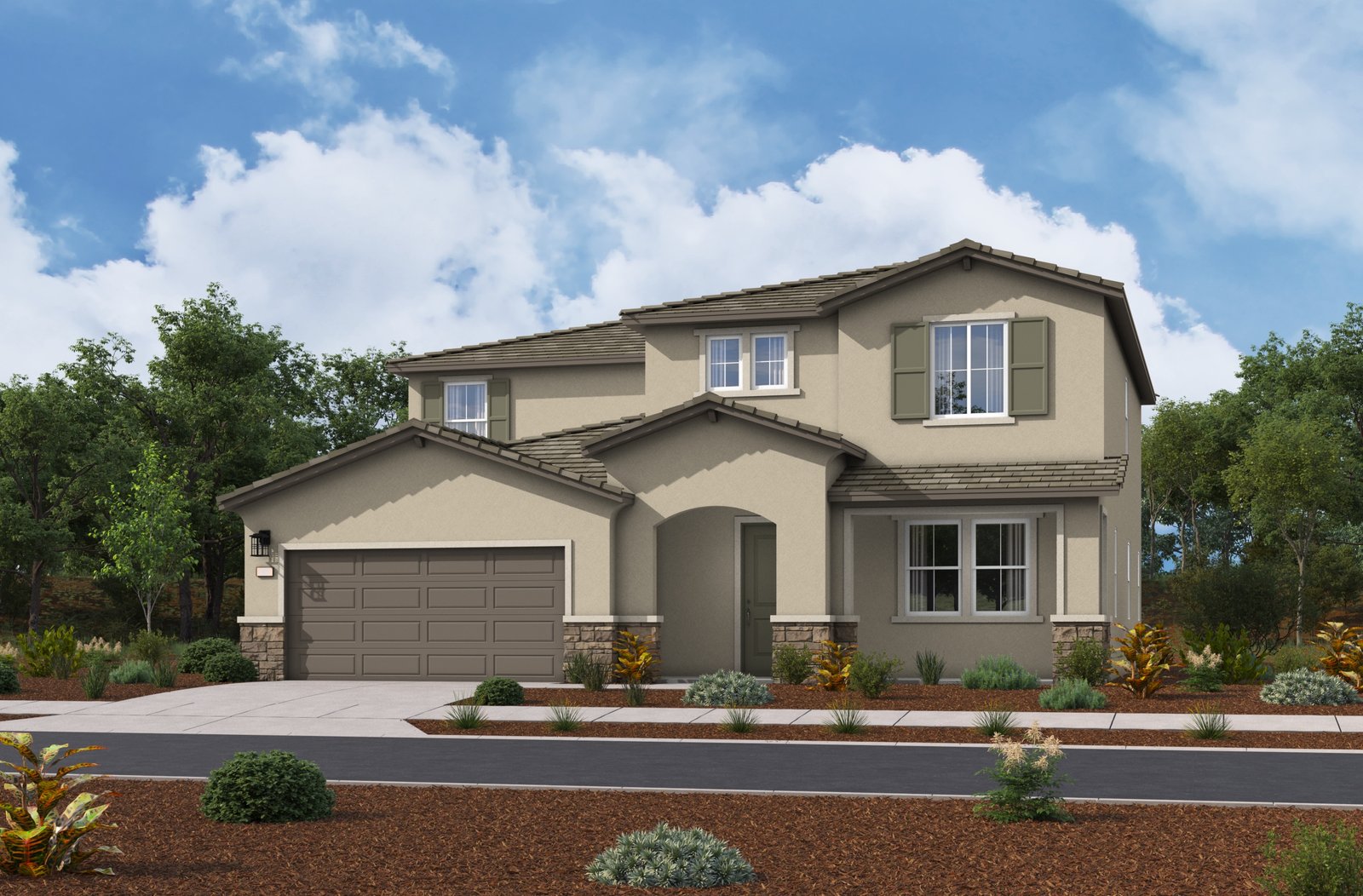 exterior of two-story home with neutral paint and desert exterior