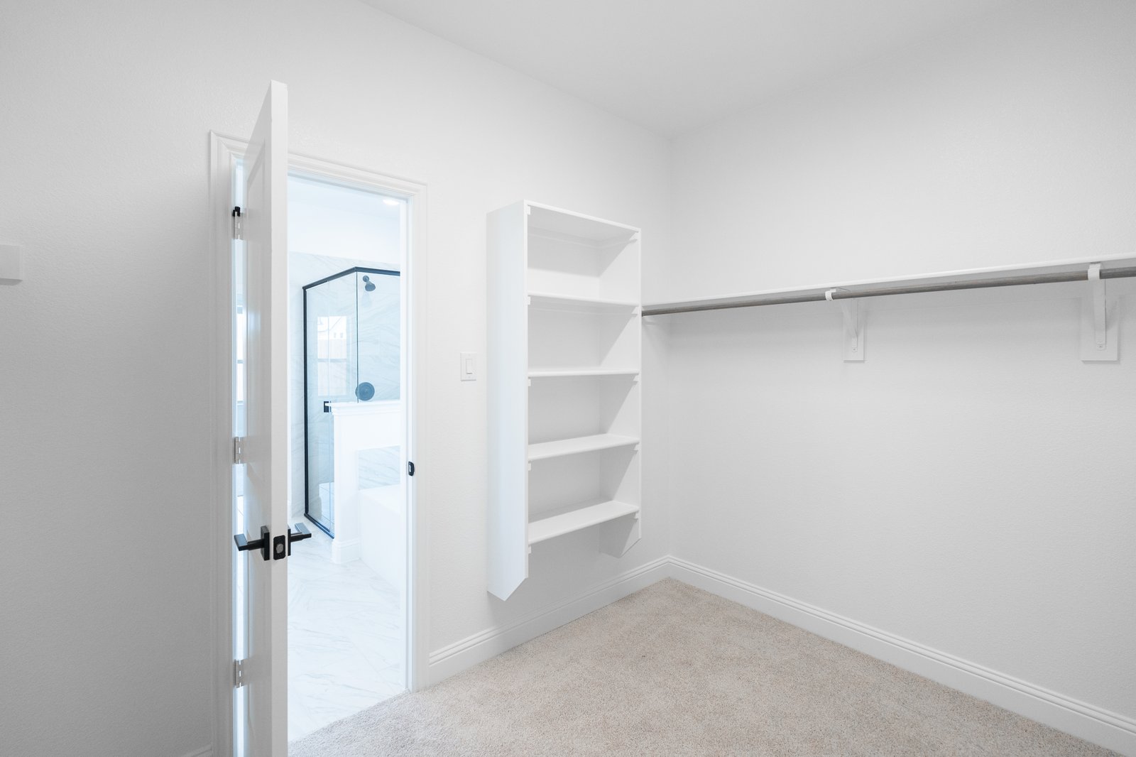 primary bedroom closet with carpet and white shelves