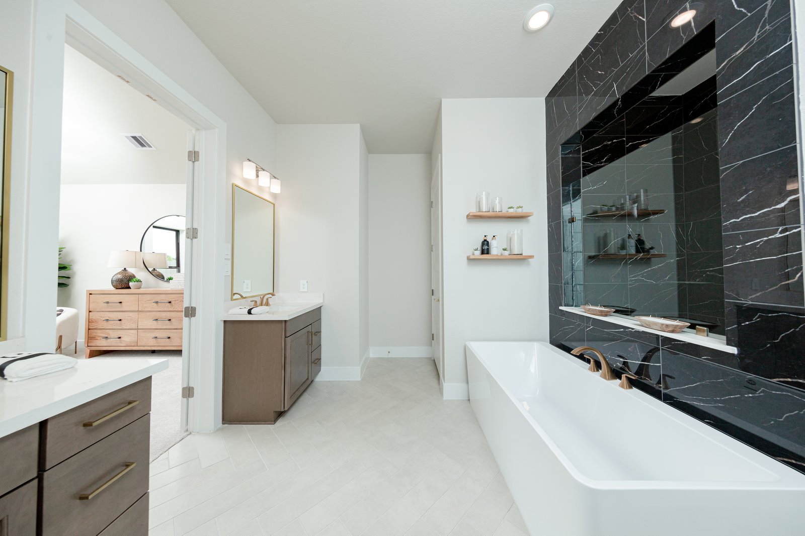 primary bathroom with soaking tub and walk-in shower