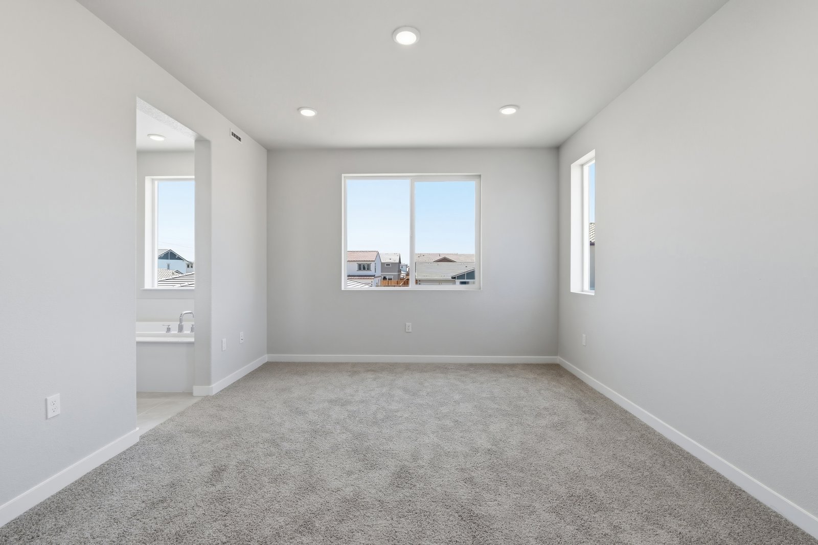 bedroom with tan carpet, light gray walls, two windows, and view of attached bathroom