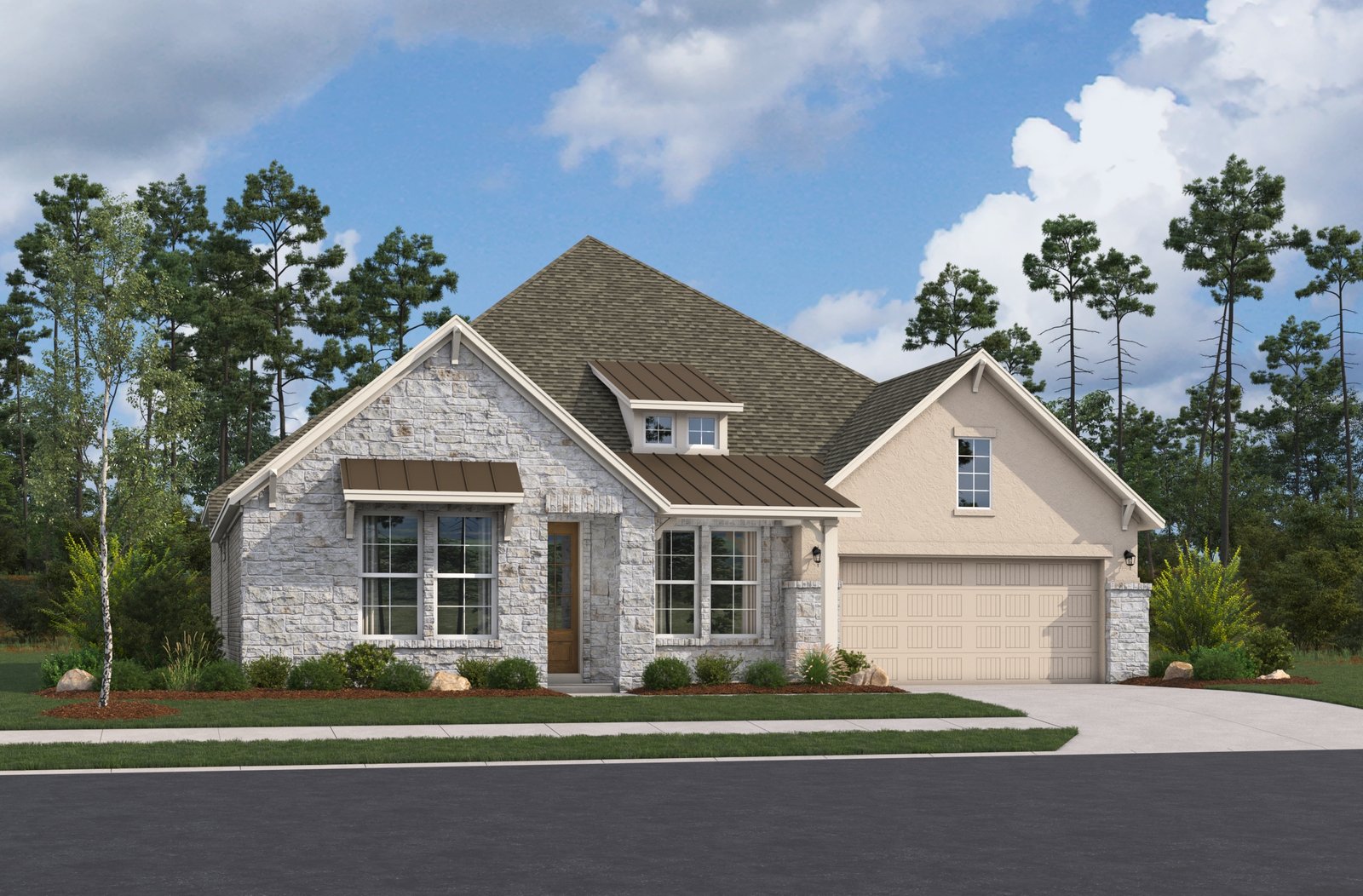 exterior with a tree, grass & 2-car garage