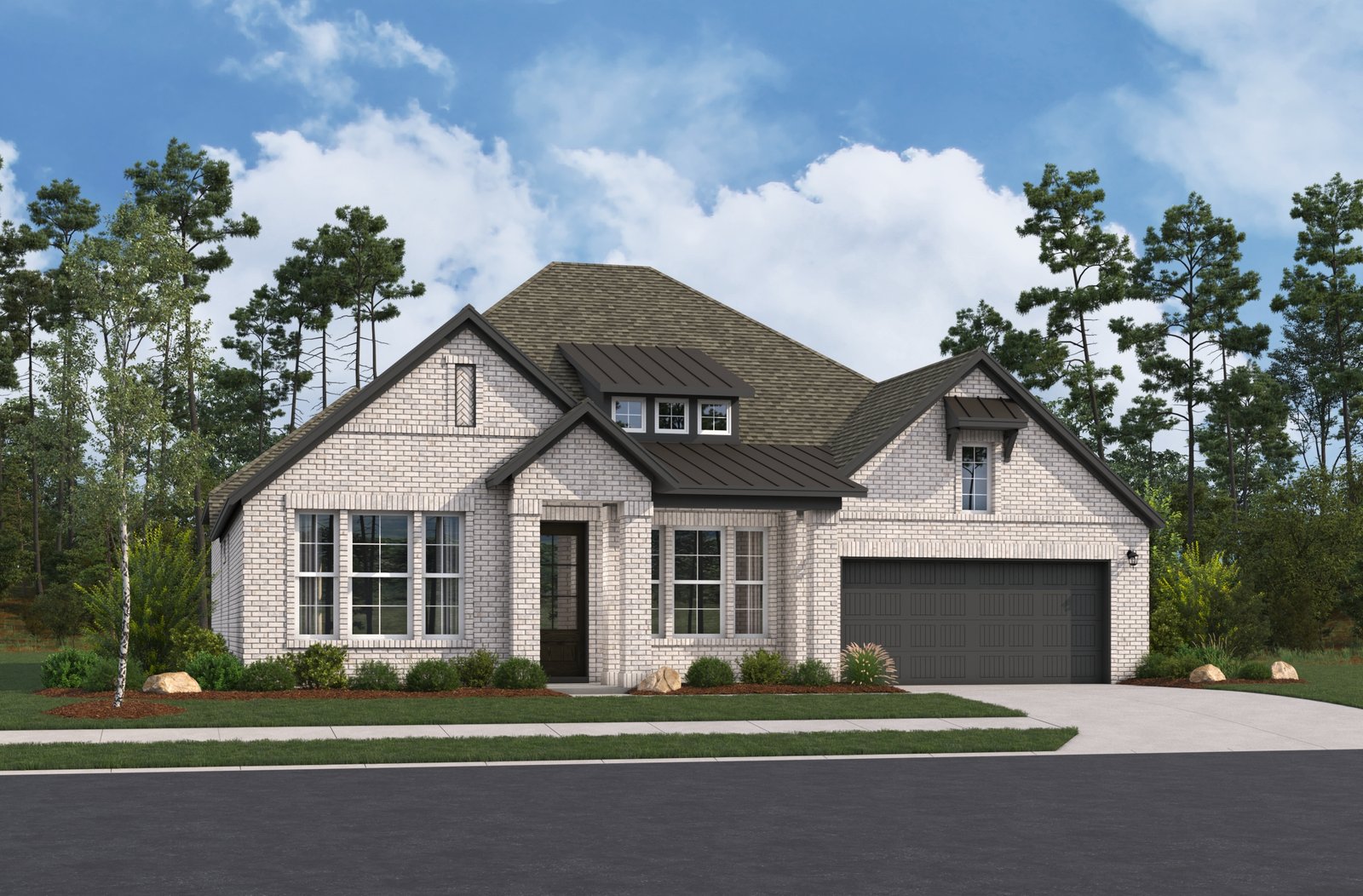 exterior with brick, stone & windows