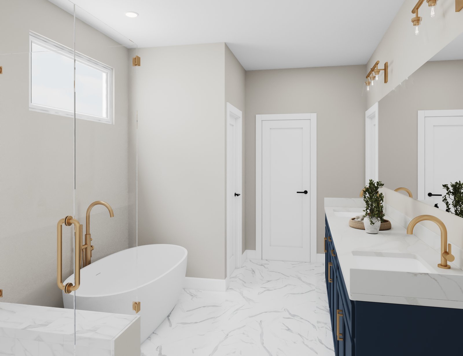 rendering of primary bathroom with soaker tub and tile floors