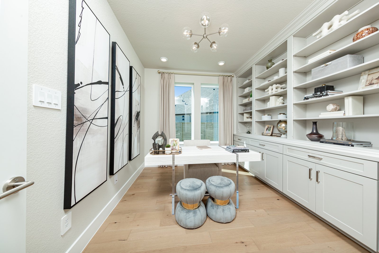 spacious study with built-in shelving