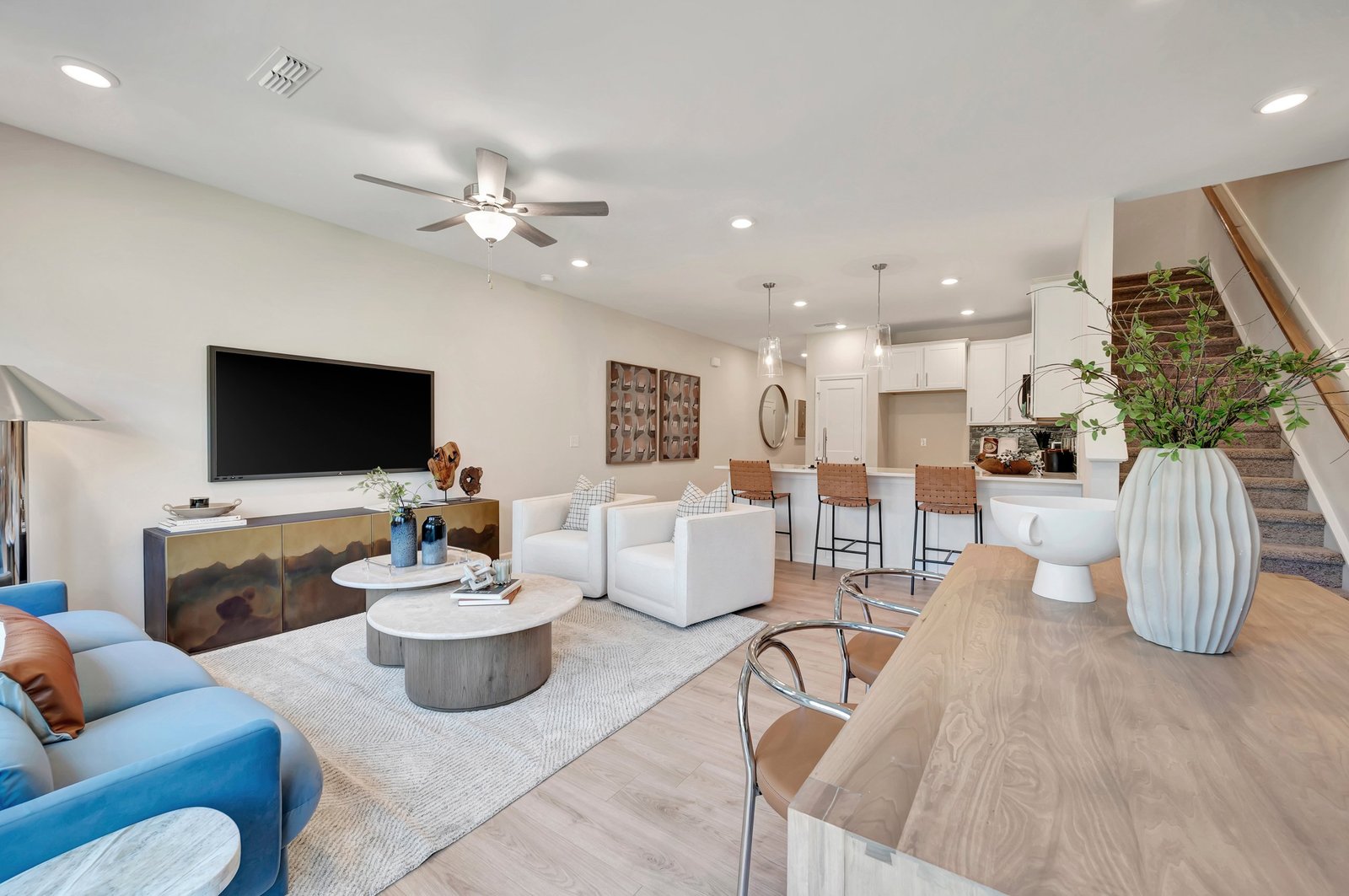 great room with a view of the kitchen