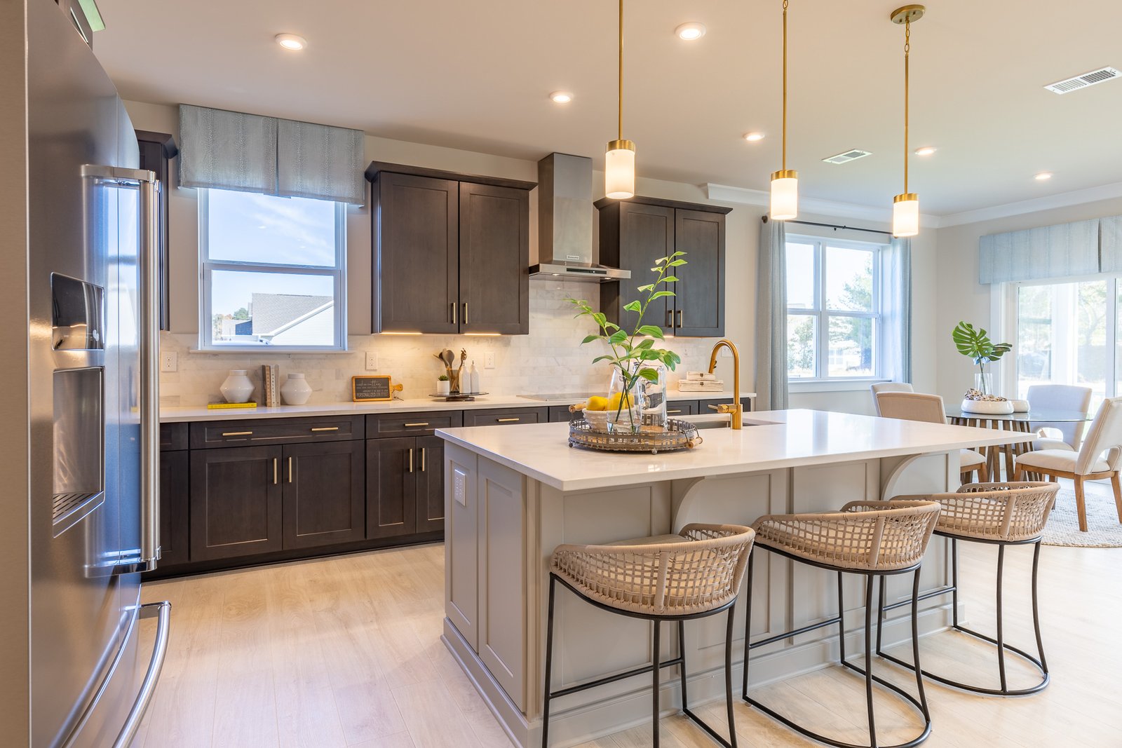kitchen with a center island and barstools