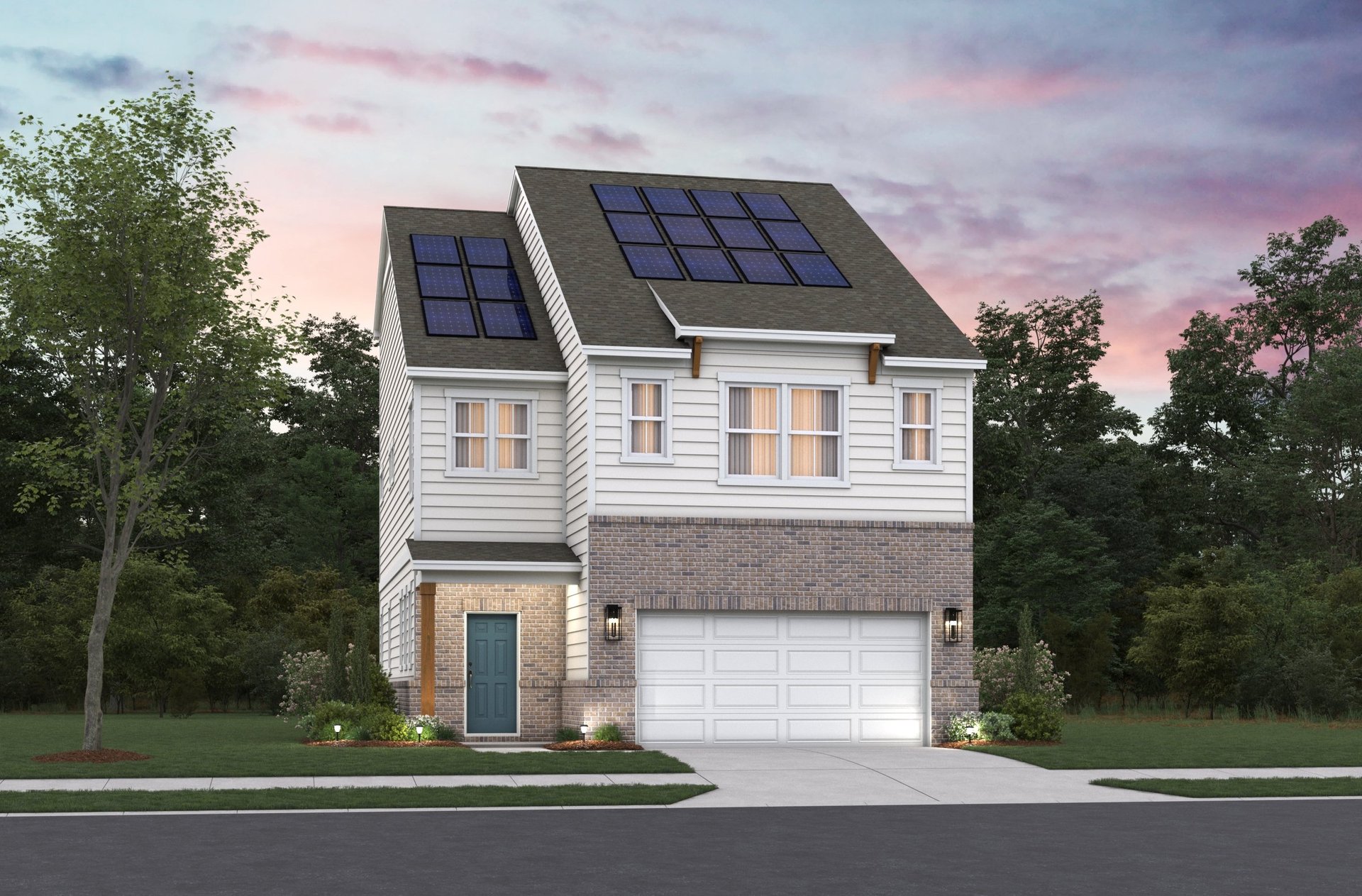 rendering of 2-story home with solar panels