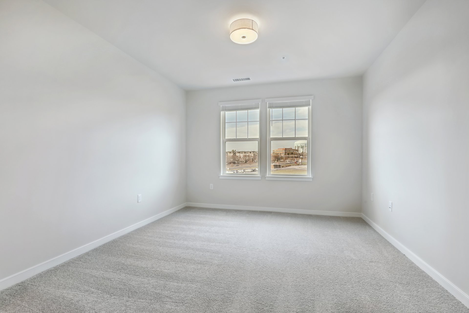 primary bedroom with two window and overhead light