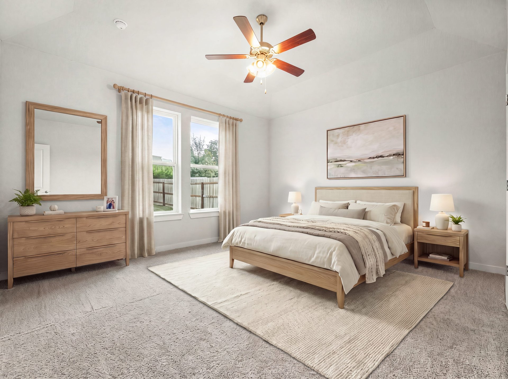 Primary bedroom with carpet, a ceiling fan, and windows
