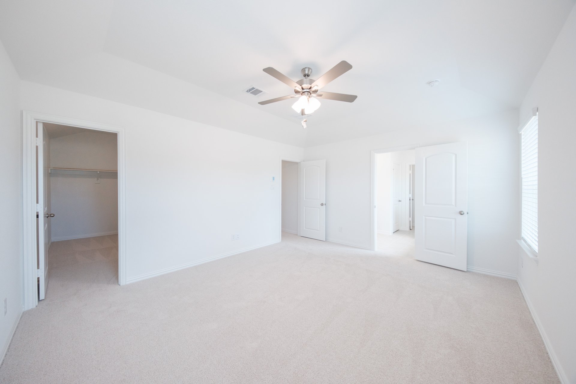 primary bedroom with carpet and windows