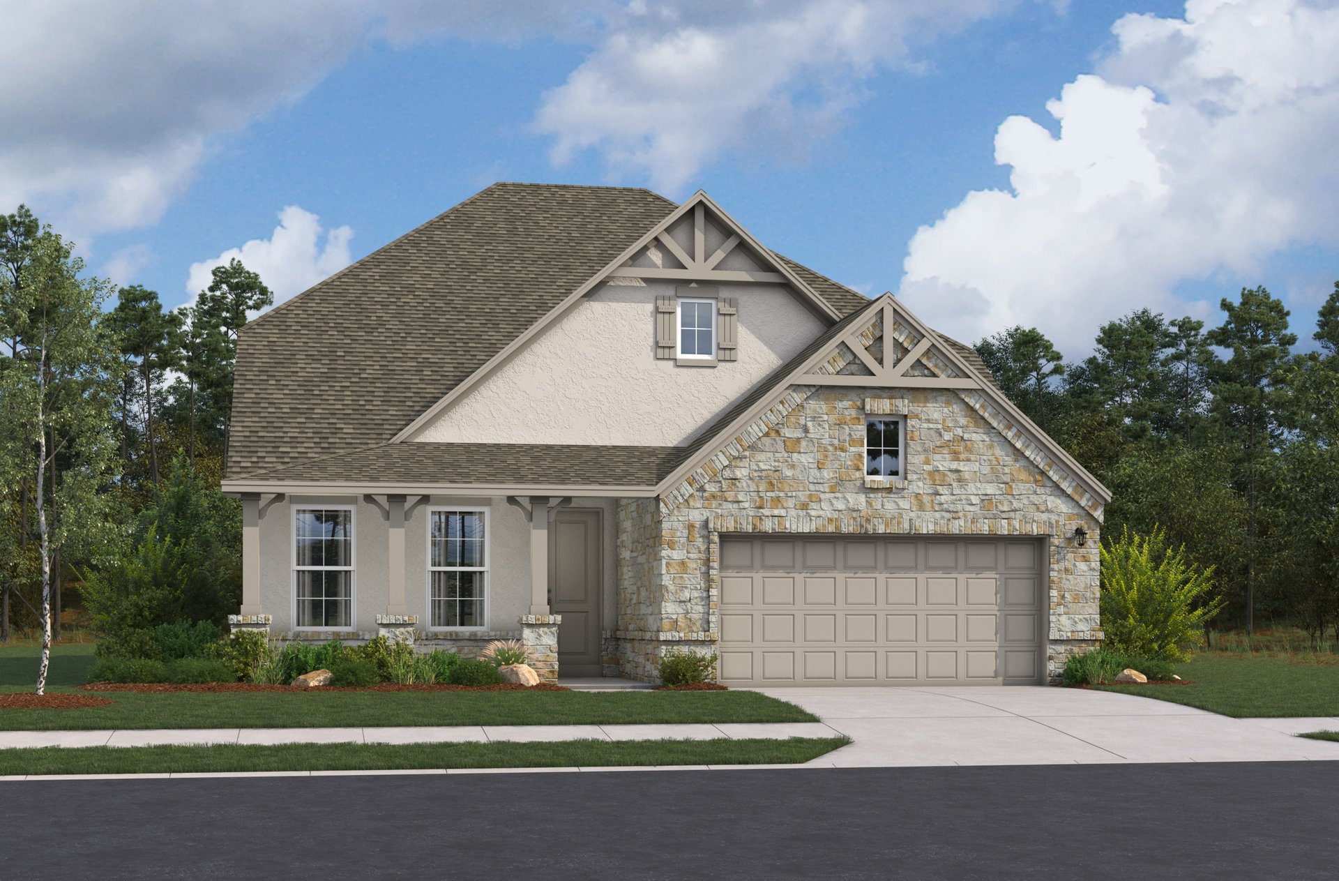 home with brick, windows, garage and landscaped grass 