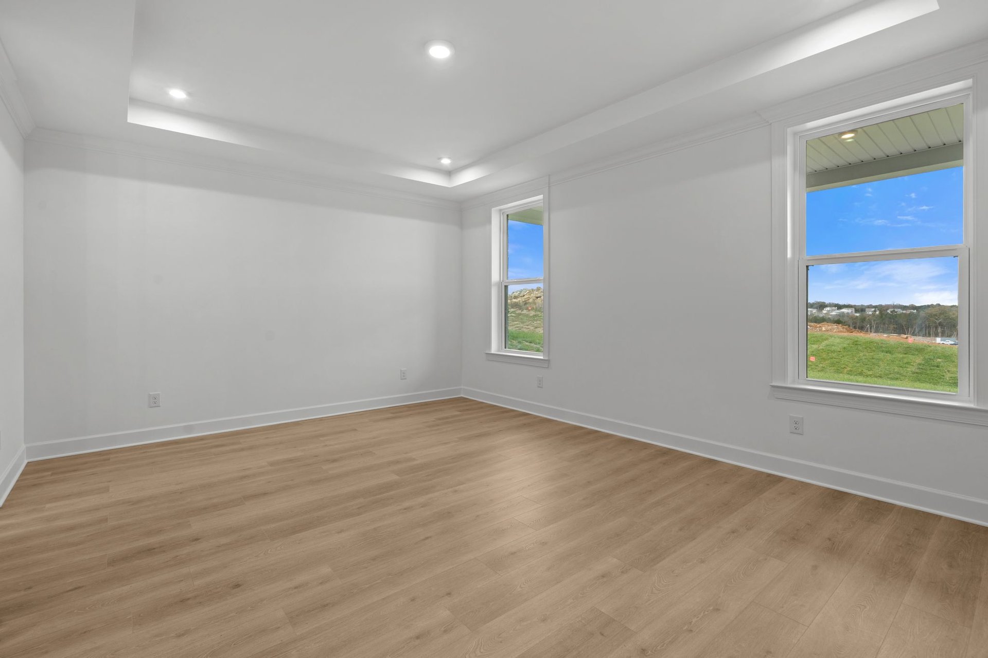 primary bedroom with wood floors, tray ceiling, and large windows