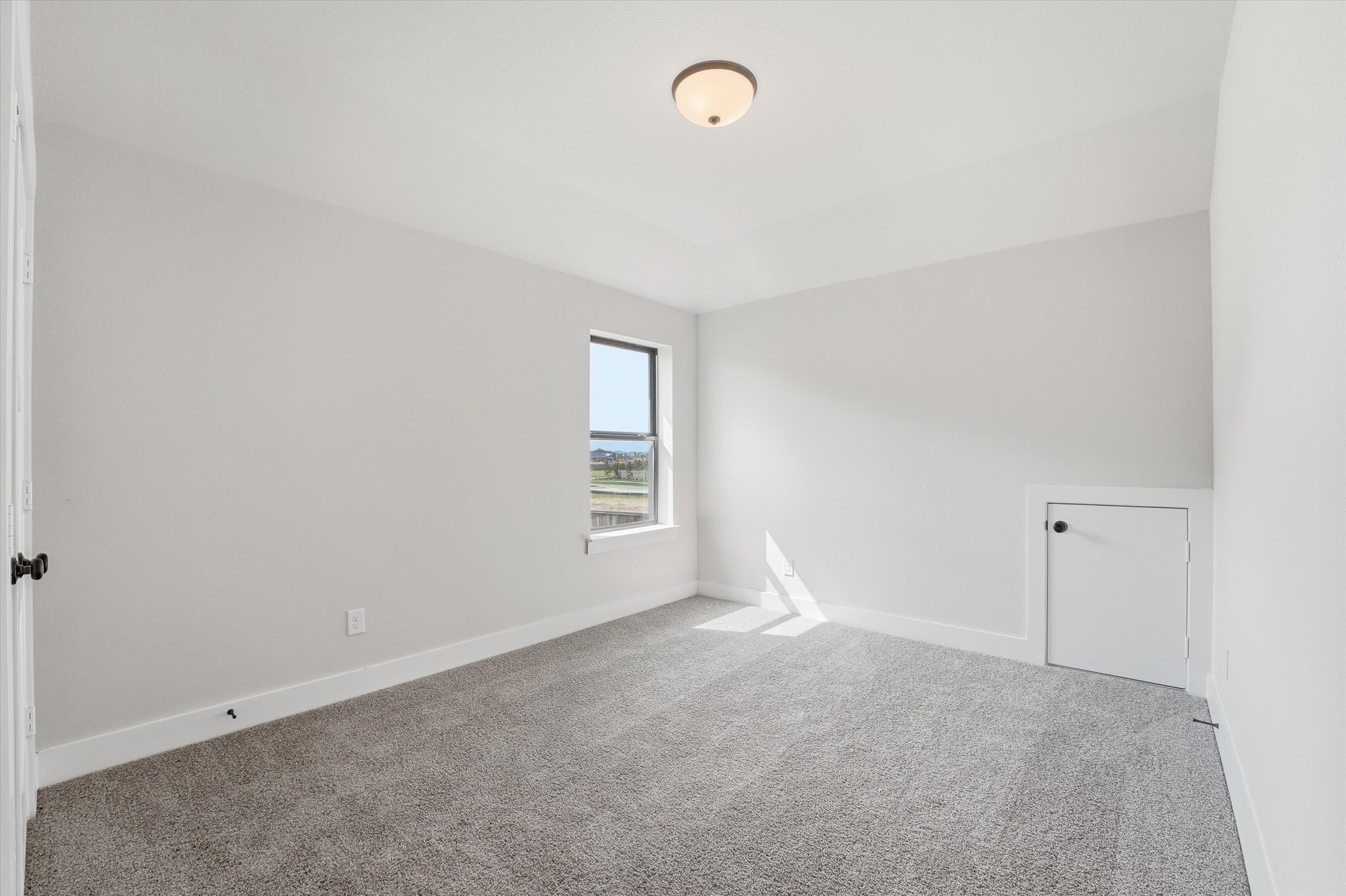 guest bedroom with window and carpet