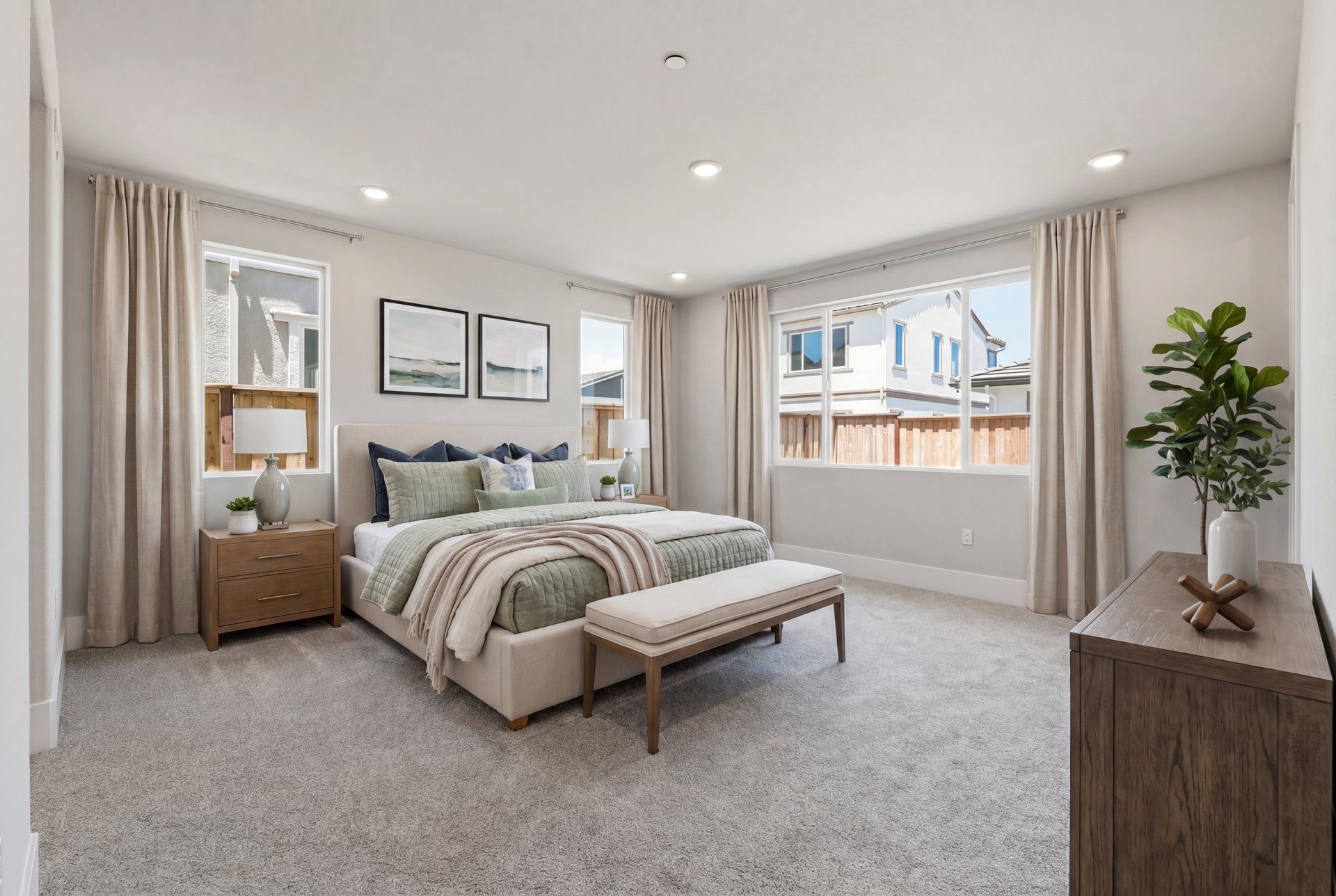 bedroom with tan carpet, multiple windows, tan upholstered bed with sage green bedding, and wood dresser & nightstands
