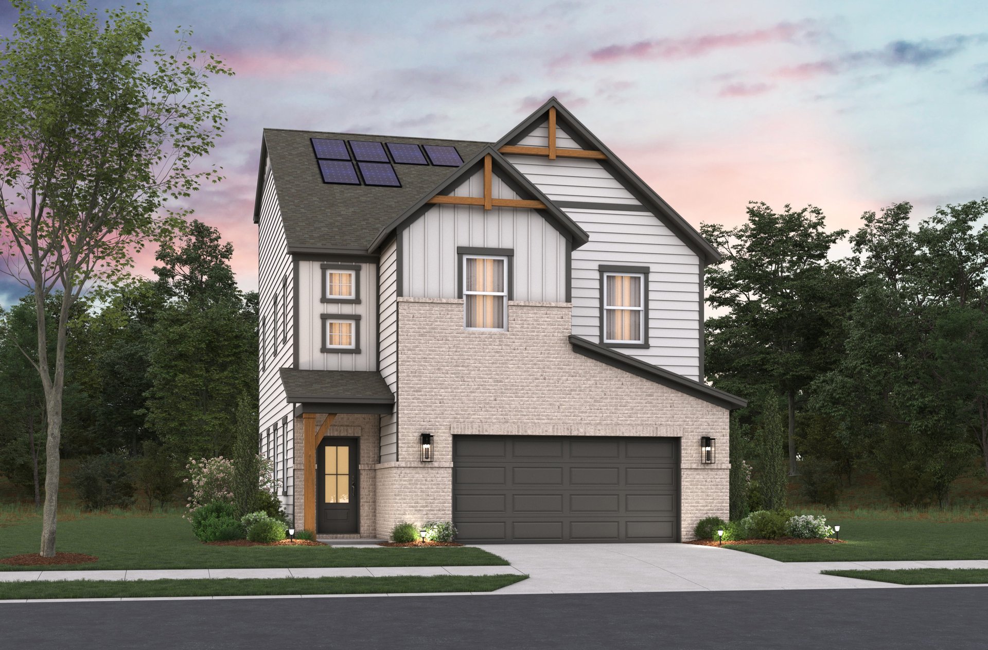 rendering of 2-story home with solar panels