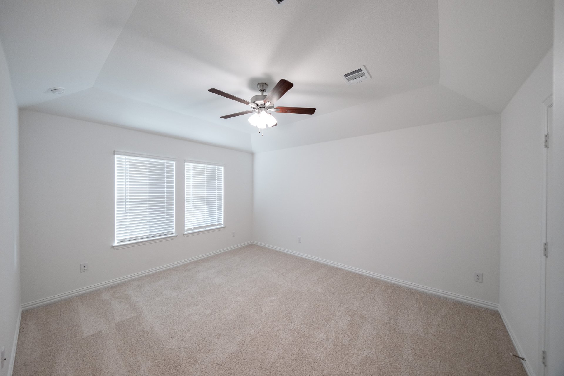 primary bedroom with carpet and windows