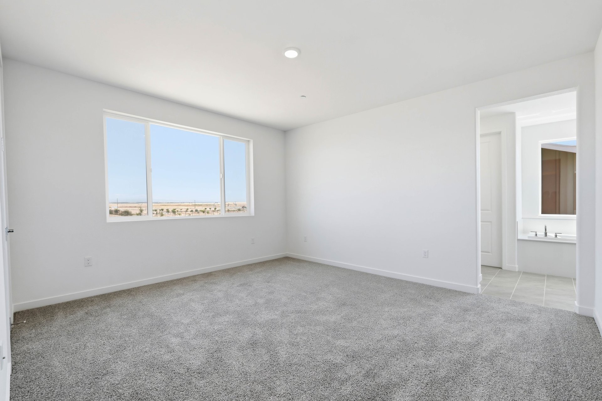 bedroom with tan carpet, large window, white walls, and view of attached bathroom