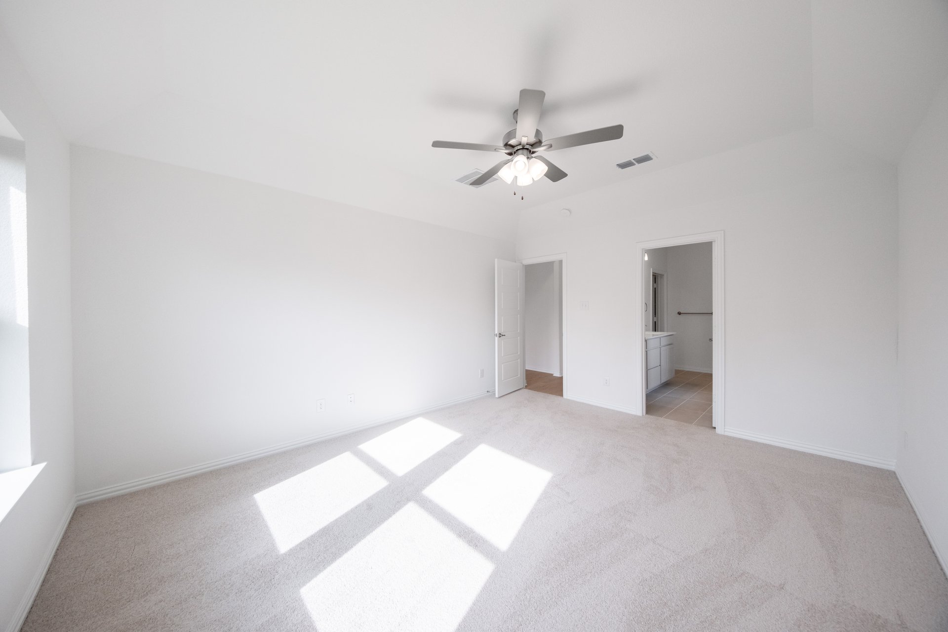 primary bedroom with carpet and windows