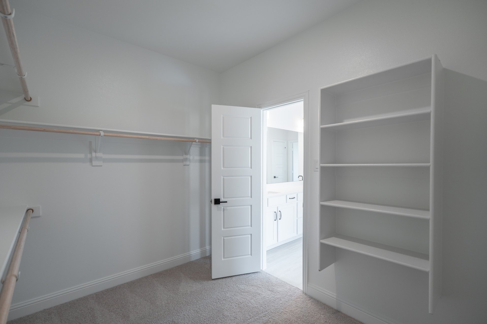 primary bedroom closet with carpet and white shelves