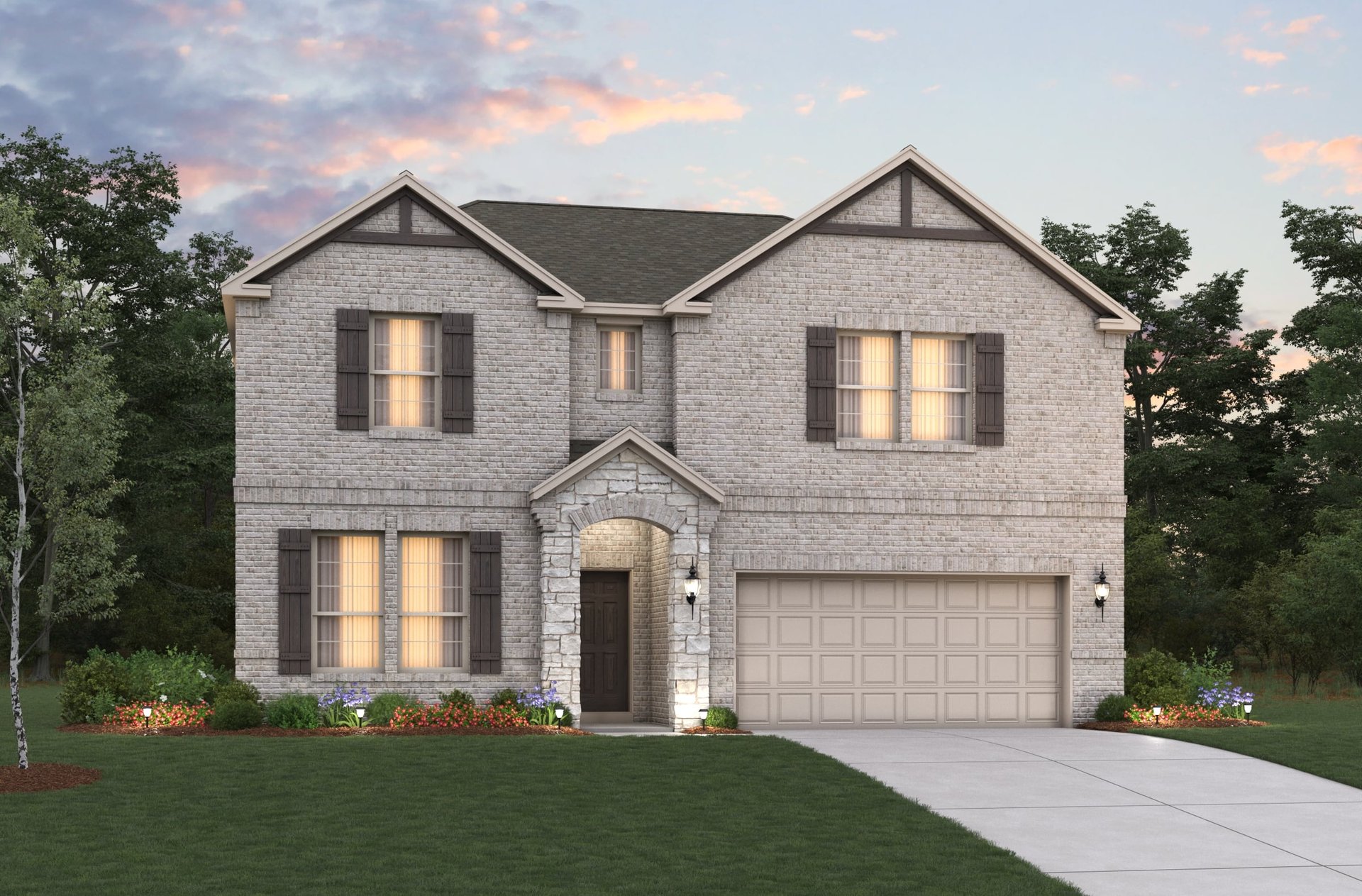 two-story home exterior with brick and stone 