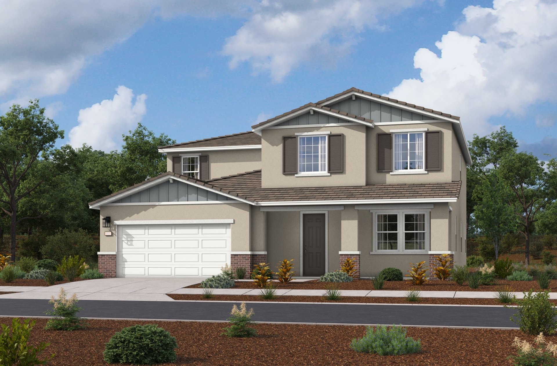exterior of two-story home with neutral paint and white garage