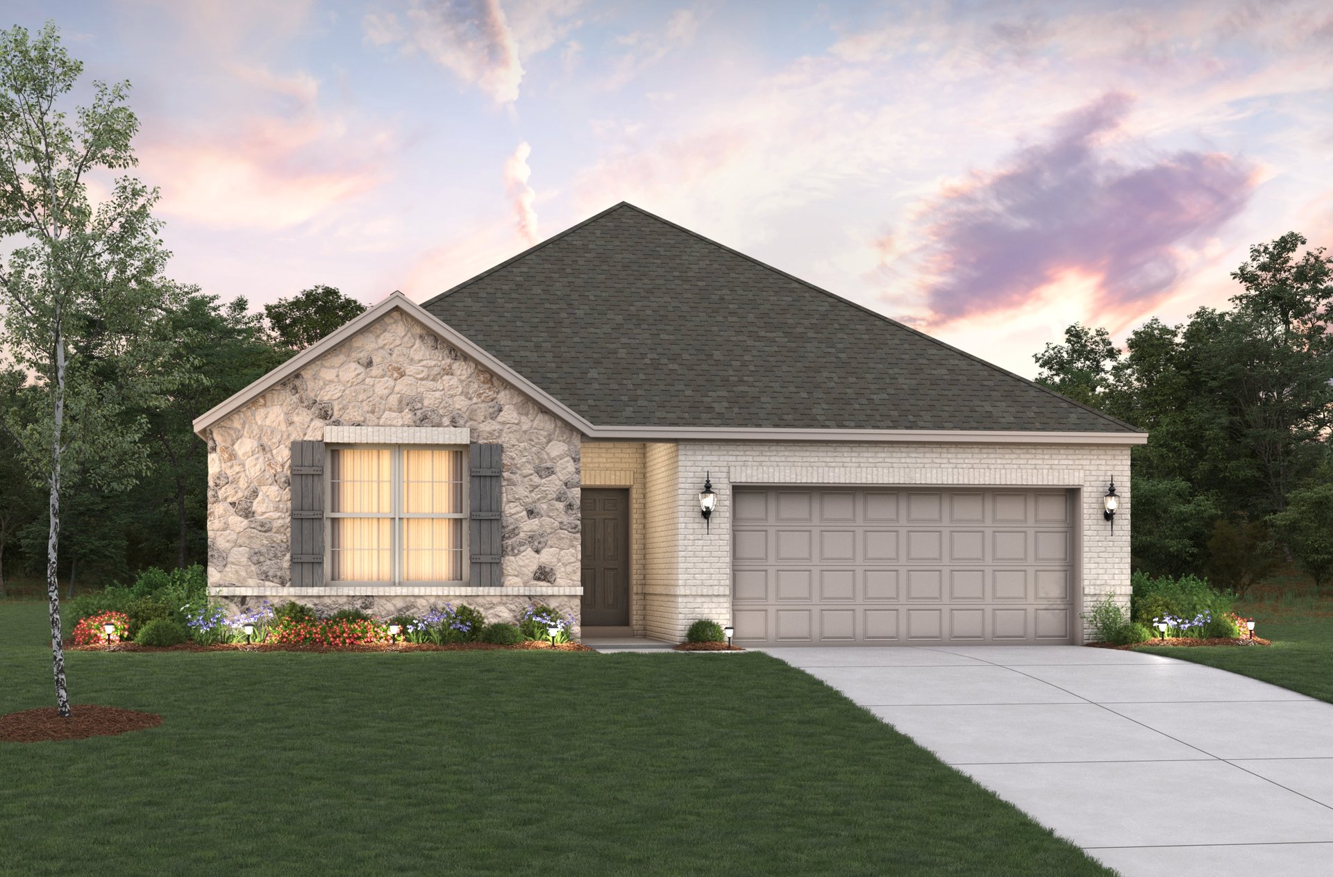 one-story home with brick and stone exterior