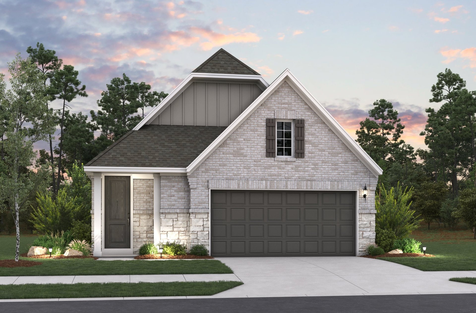 home with brick, windows, garage and landscaping