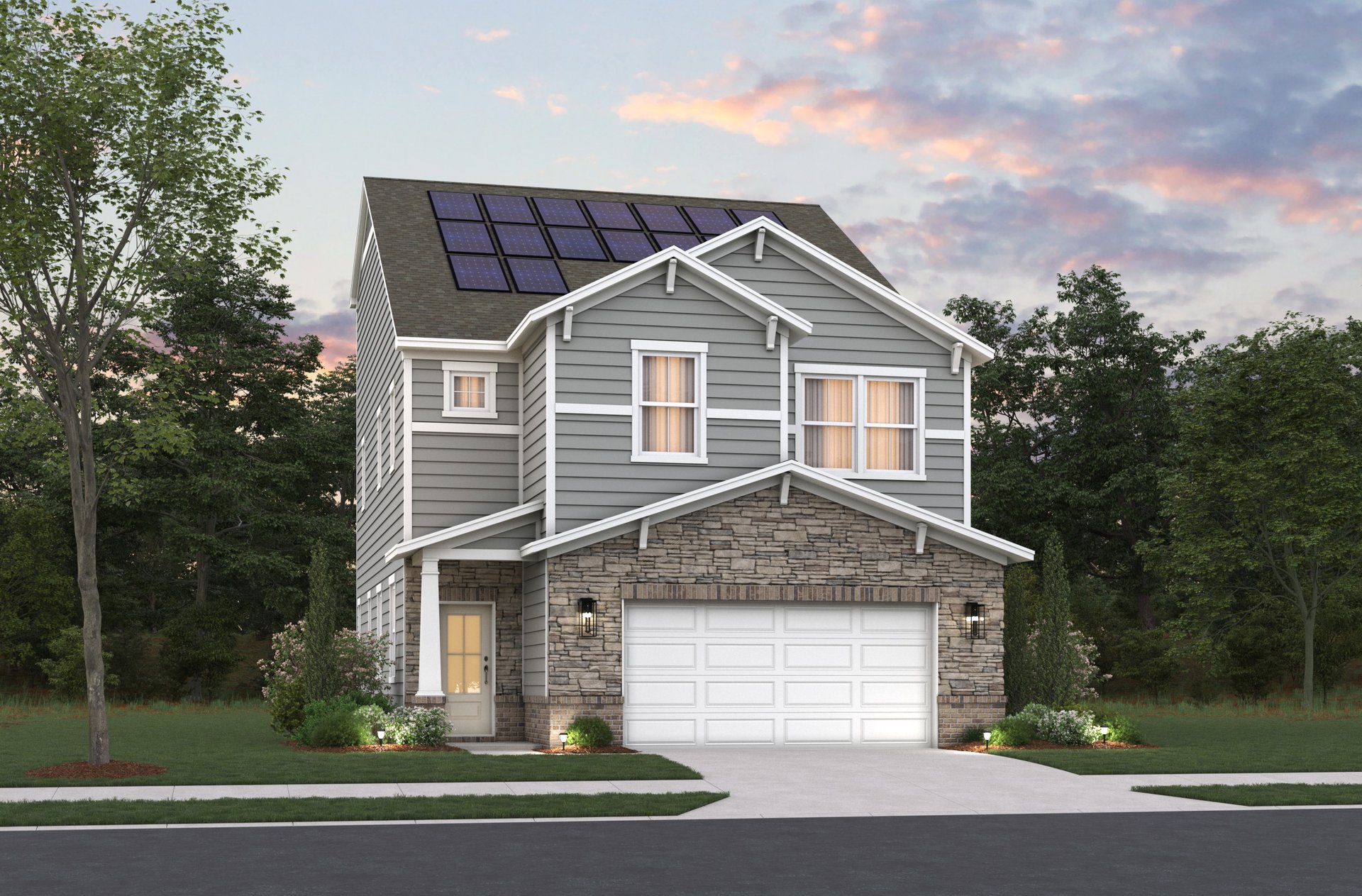 rendering of 2-story home with solar panels