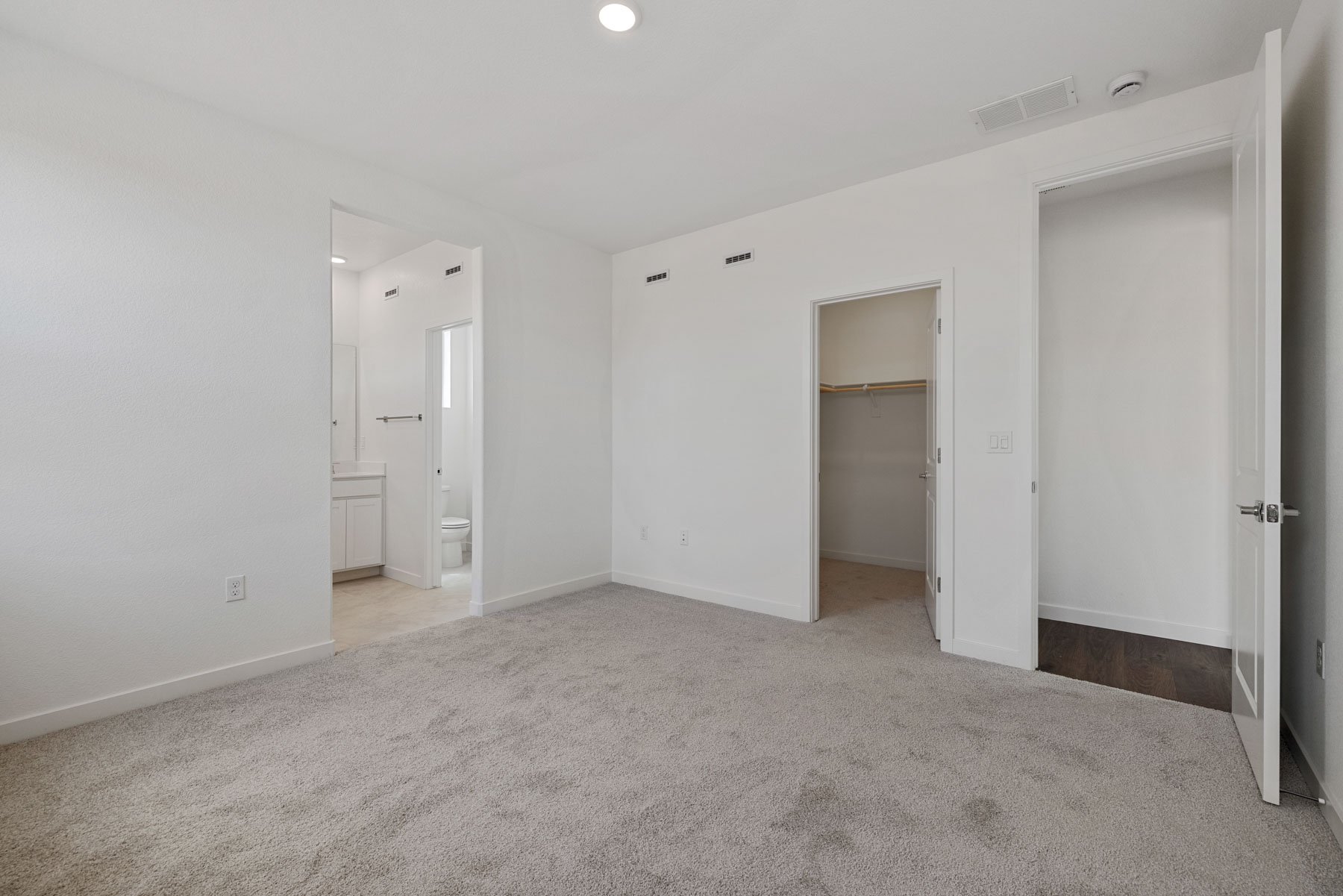 bedroom with tan carpet, walk-in closet, and view of attached bathroom