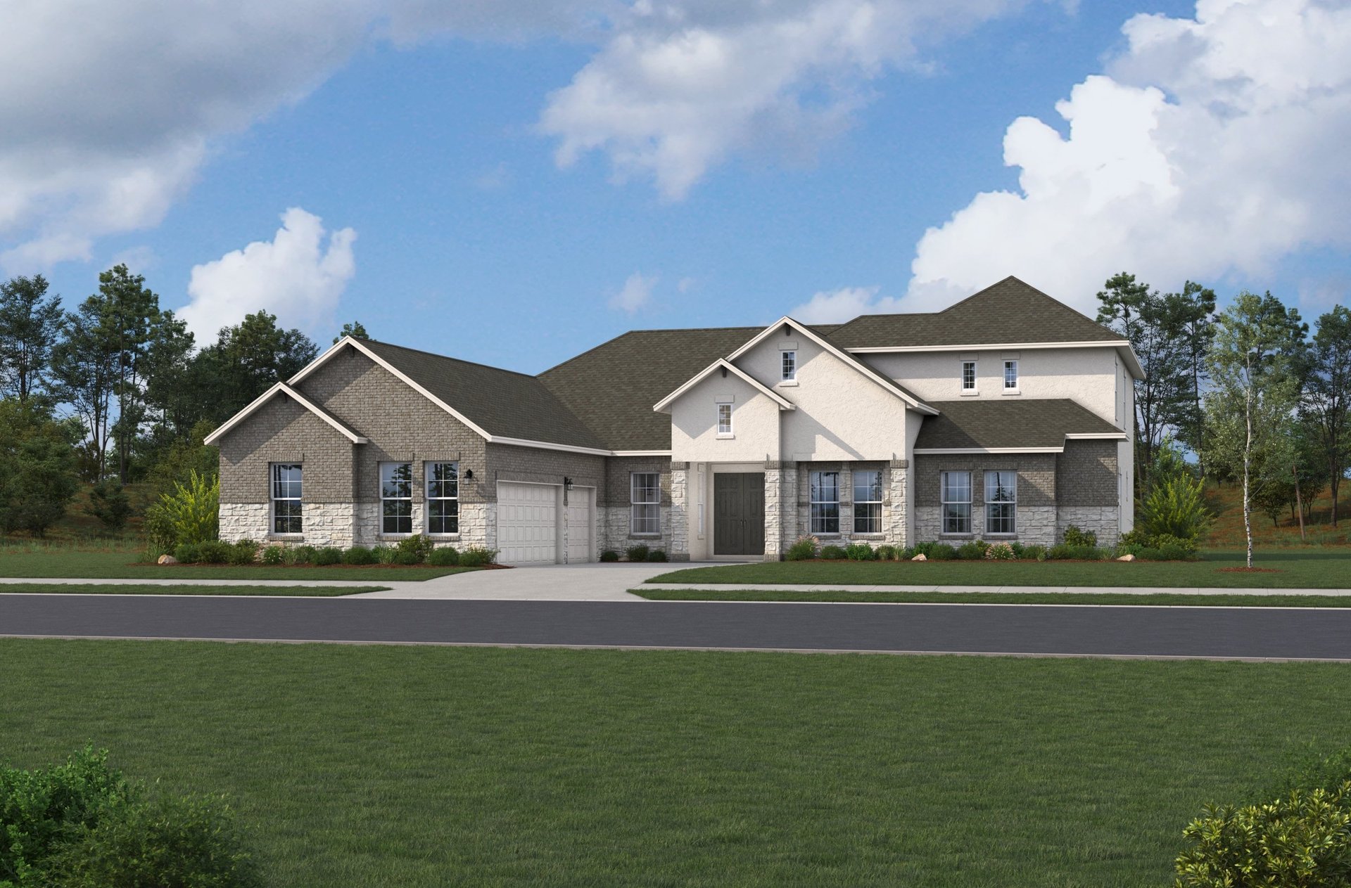 exterior with brick, stone & grass