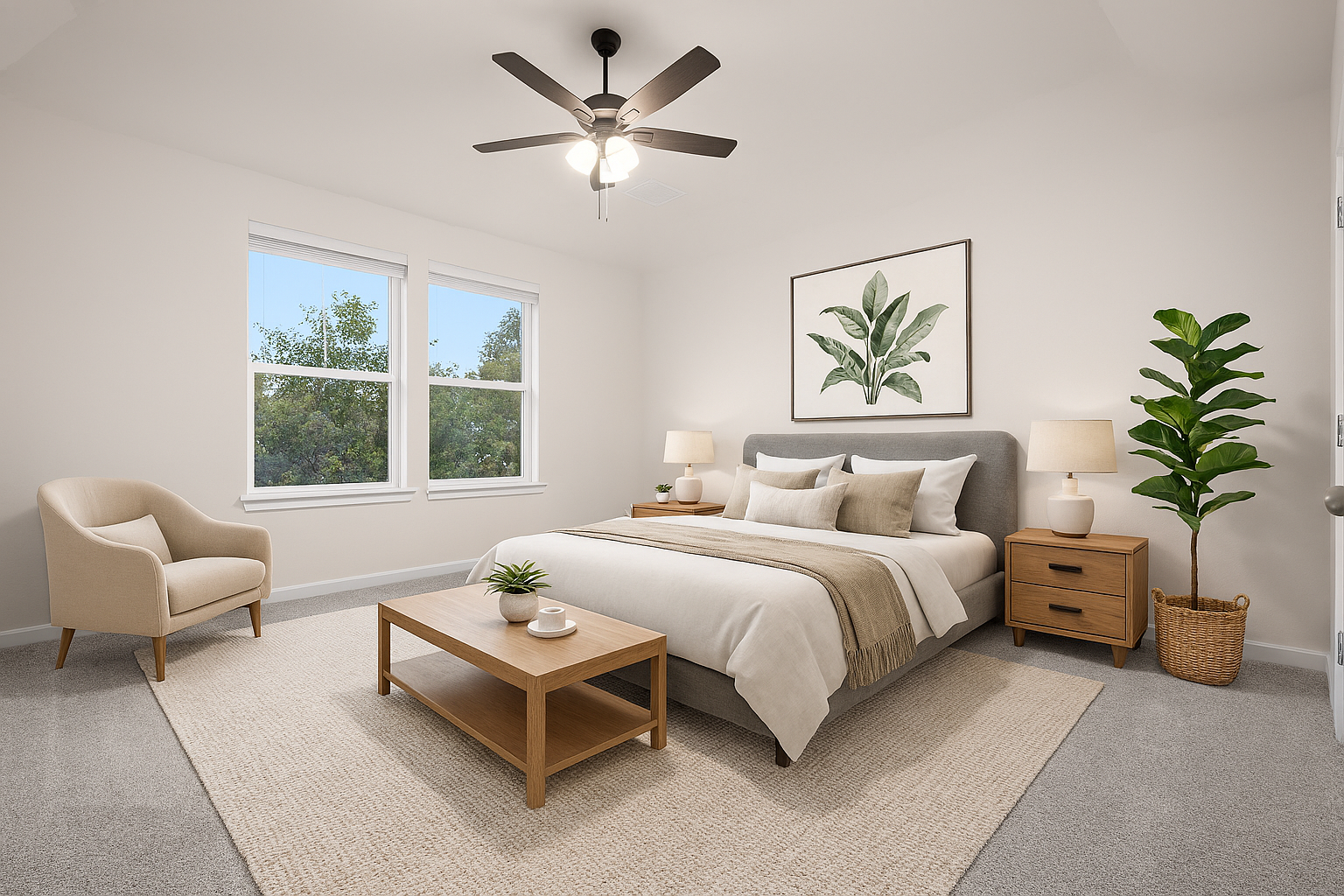 bedroom with carpet, windows & a ceiling fan