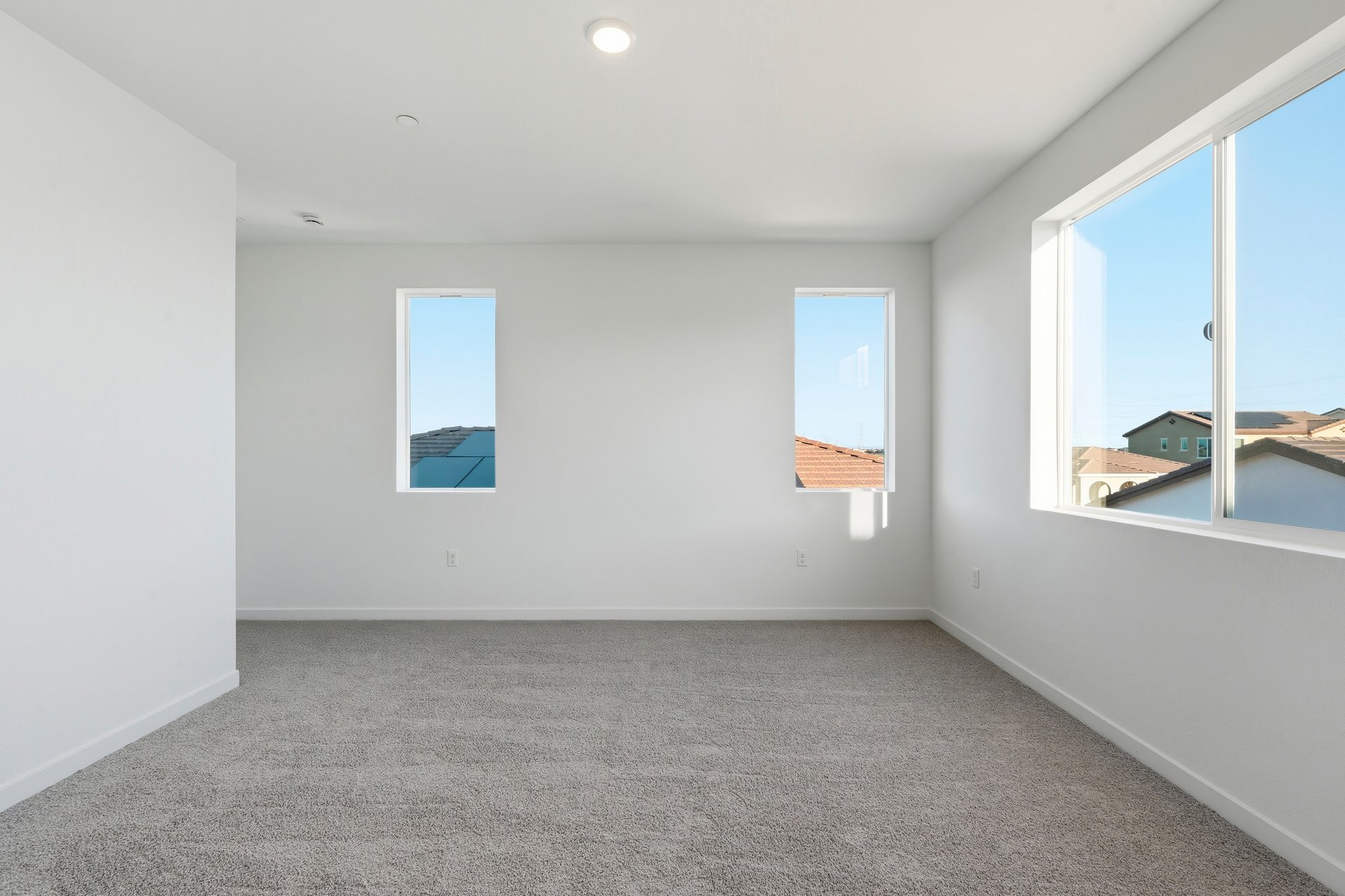 bedroom with tan carpet, white walls, and three windows