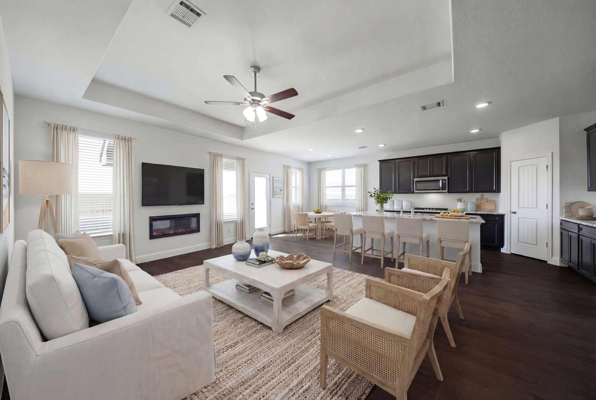 open great room with electric fireplace