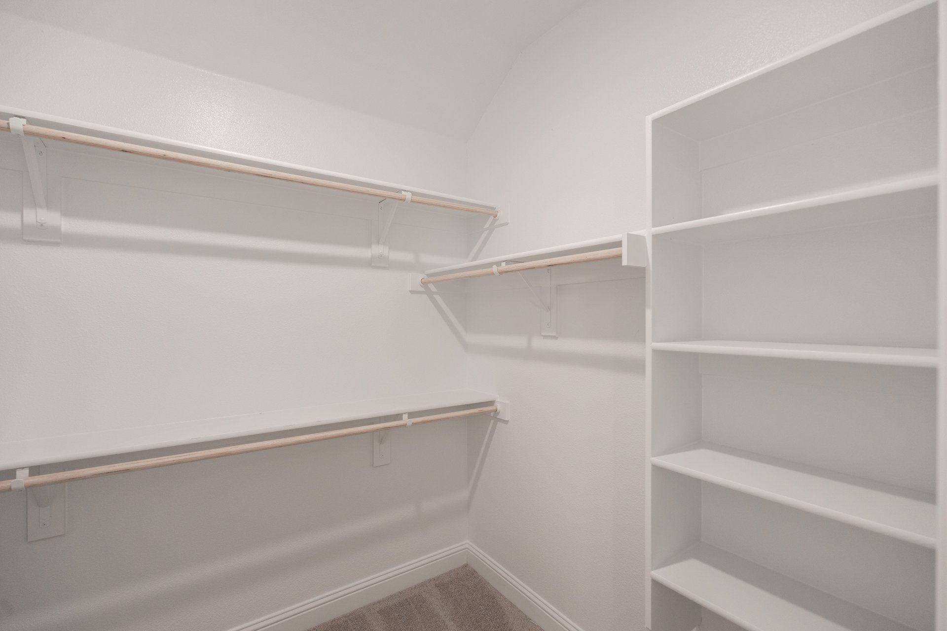 primary bedroom closet with carpet and white shelves