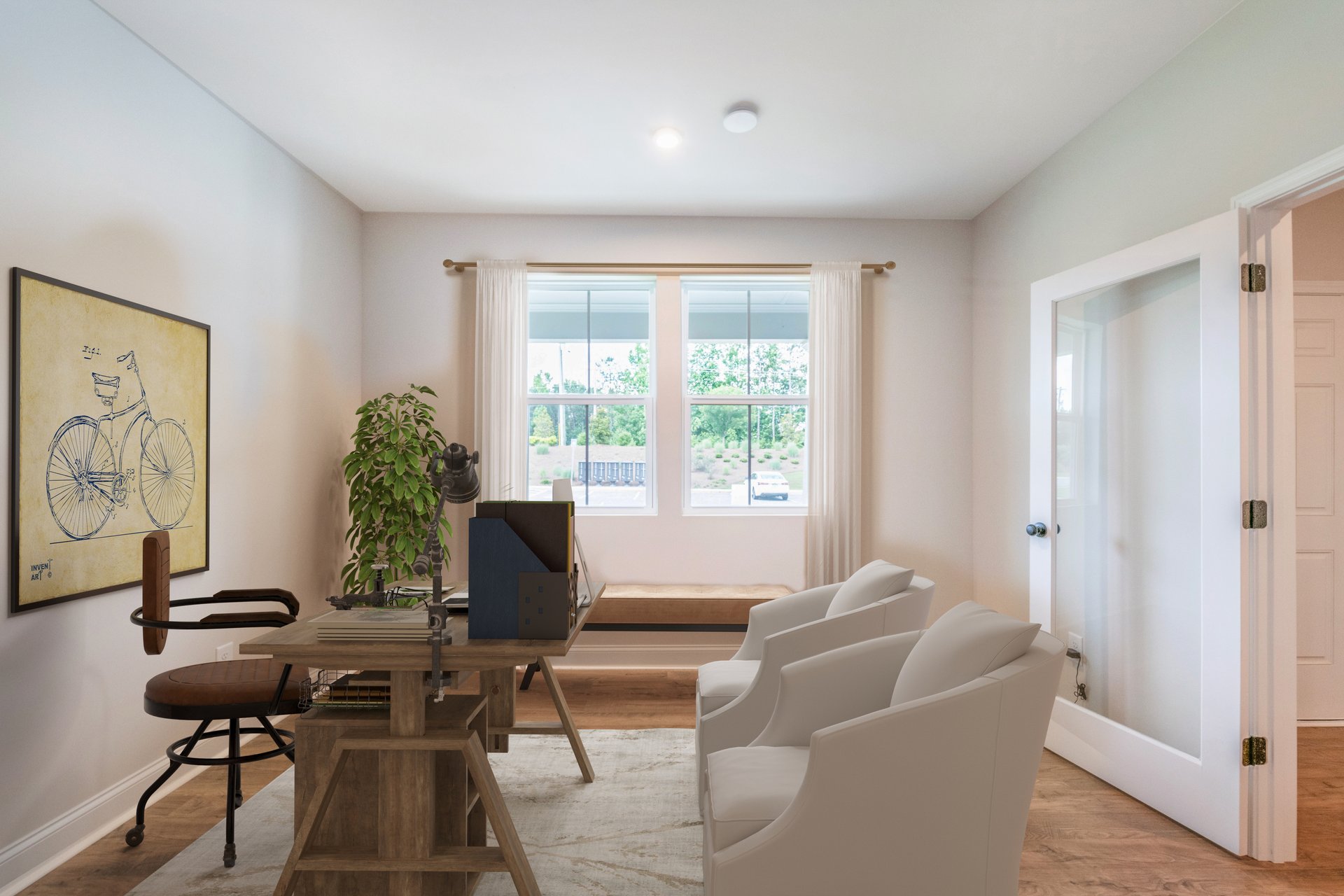 study with hard-surface flooring and french doors